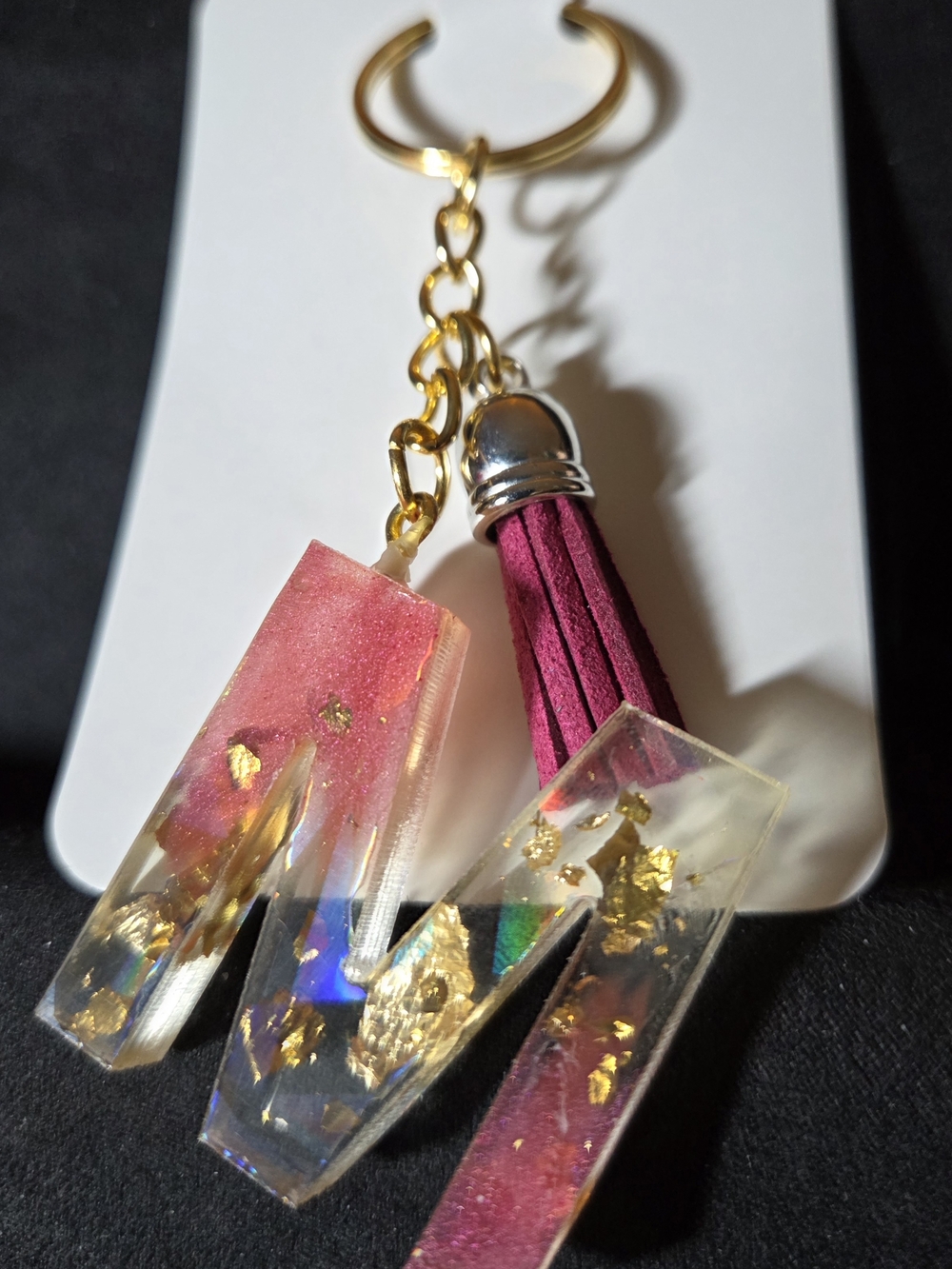 Gold Accent Pink Resin 'M' Keychain with Tassel